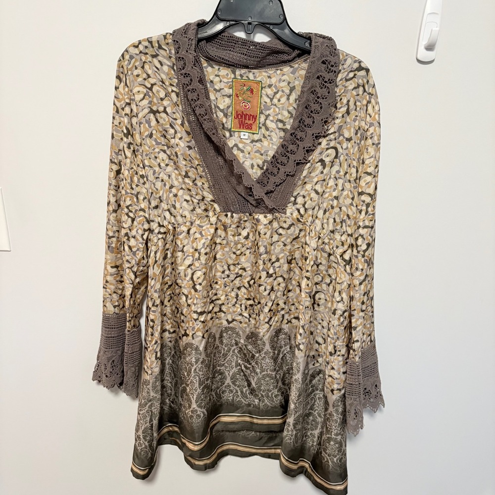 Johnny Was Boho Silk Tunic Dress Crochet Lace Trim Print